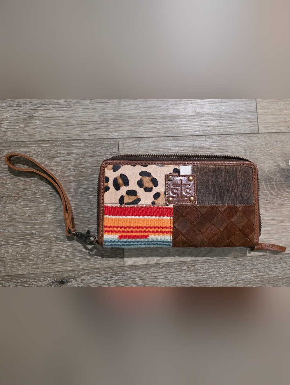 STS Ranchwear Brown Patchwork Leather & Haircalf Wristlet with Multicolor Stripe